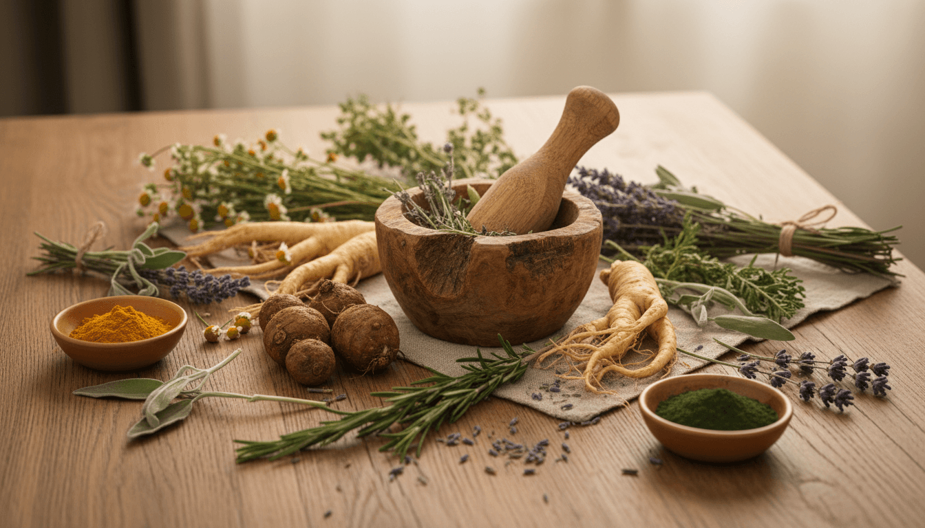 Racines et plantes médicinales (maca, ginseng) disposées sobrement sur une table en bois
