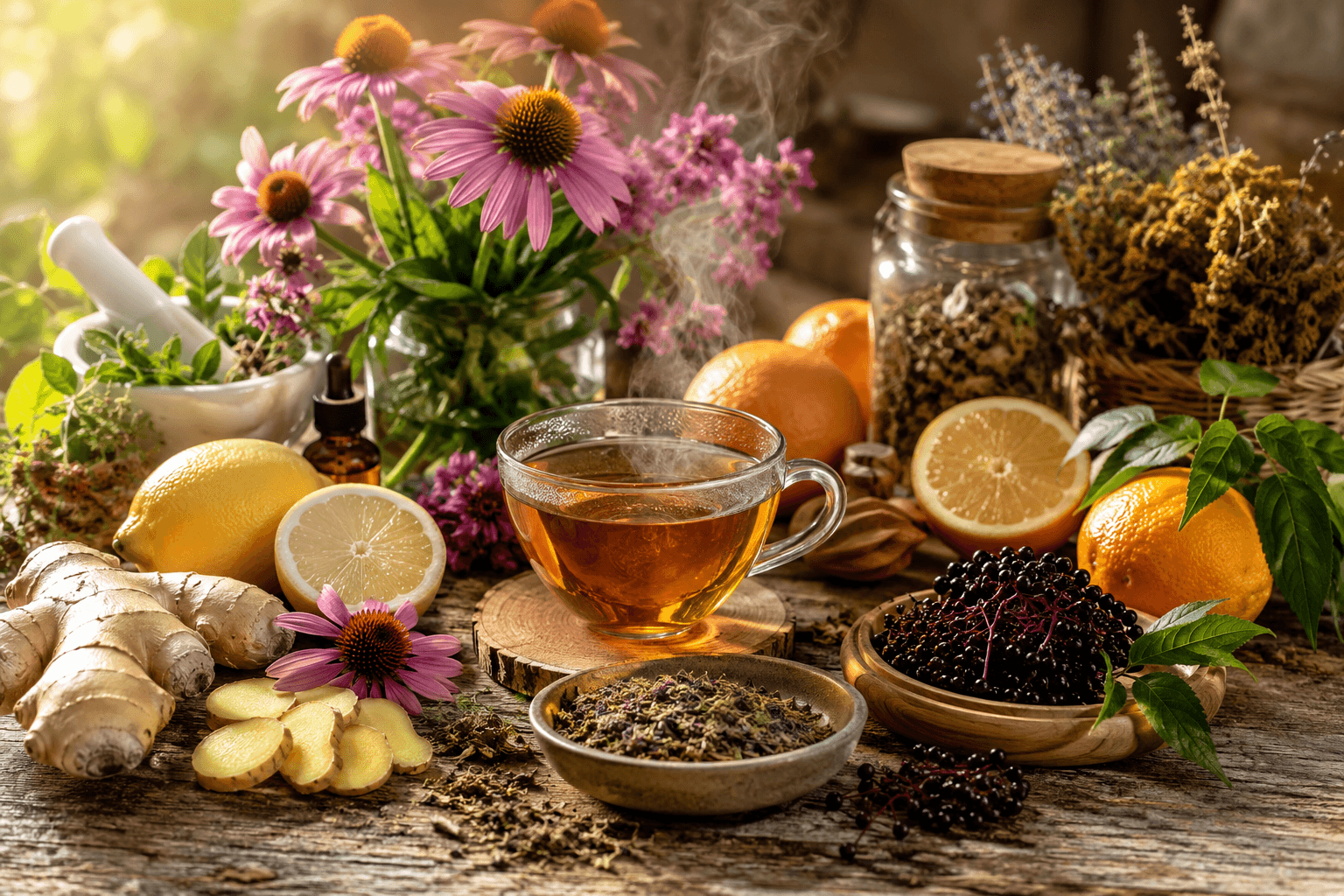 Plantes médicinales et infusions pour l'immunité : fleurs d'échinacée, gingembre, agrumes et baies de sureau sur une table en bois dans une lumière naturelle