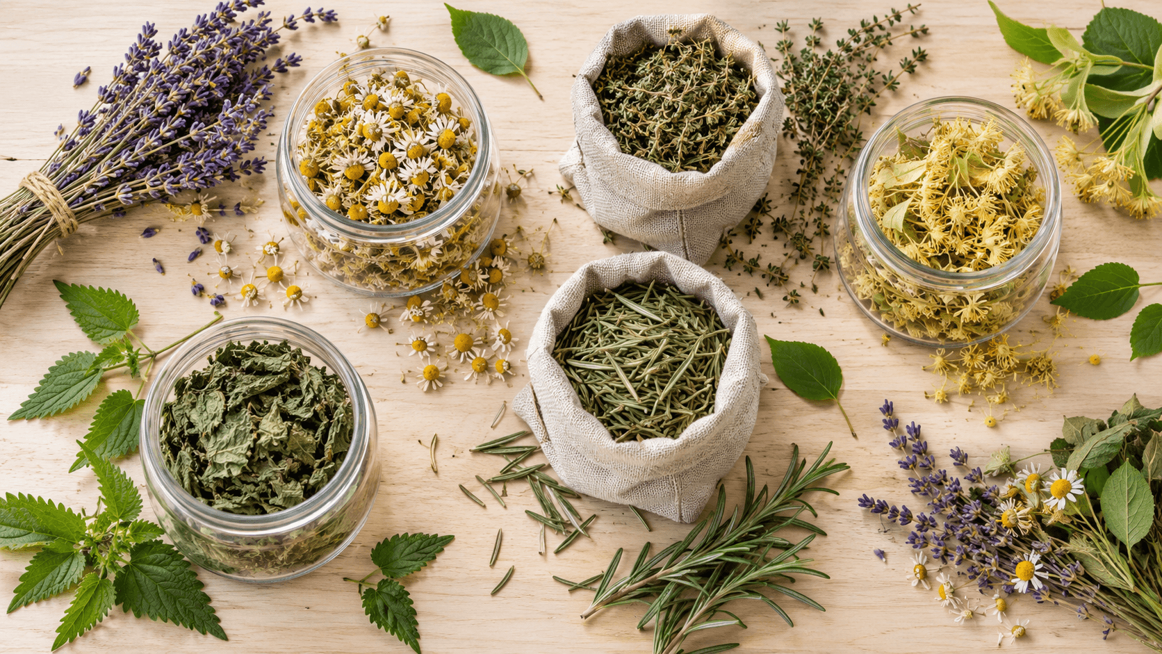 Assortiment de plantes médicinales séchées françaises en bocaux de verre et pochons de lin sur une table en bois clair