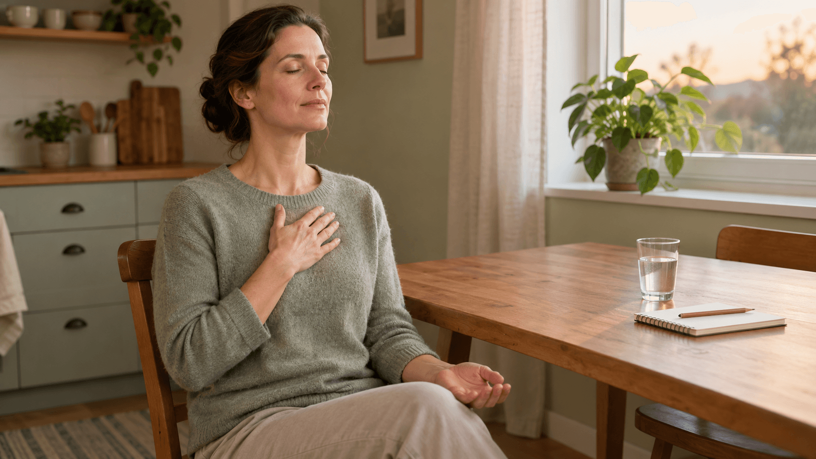 Femme assise les yeux fermés, une main sur la poitrine, pratiquant une respiration consciente dans une cuisine lumineuse