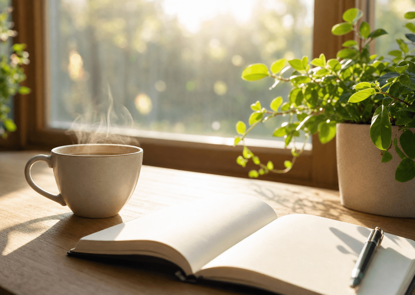 Tasse de thé fumante près d'une fenêtre ensoleillée avec carnet ouvert et plante verte, évoquant un moment de pleine conscience au matin
