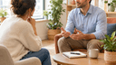 Coach et client échangeant en séance de coaching utilisant des techniques inspirées de la PNL