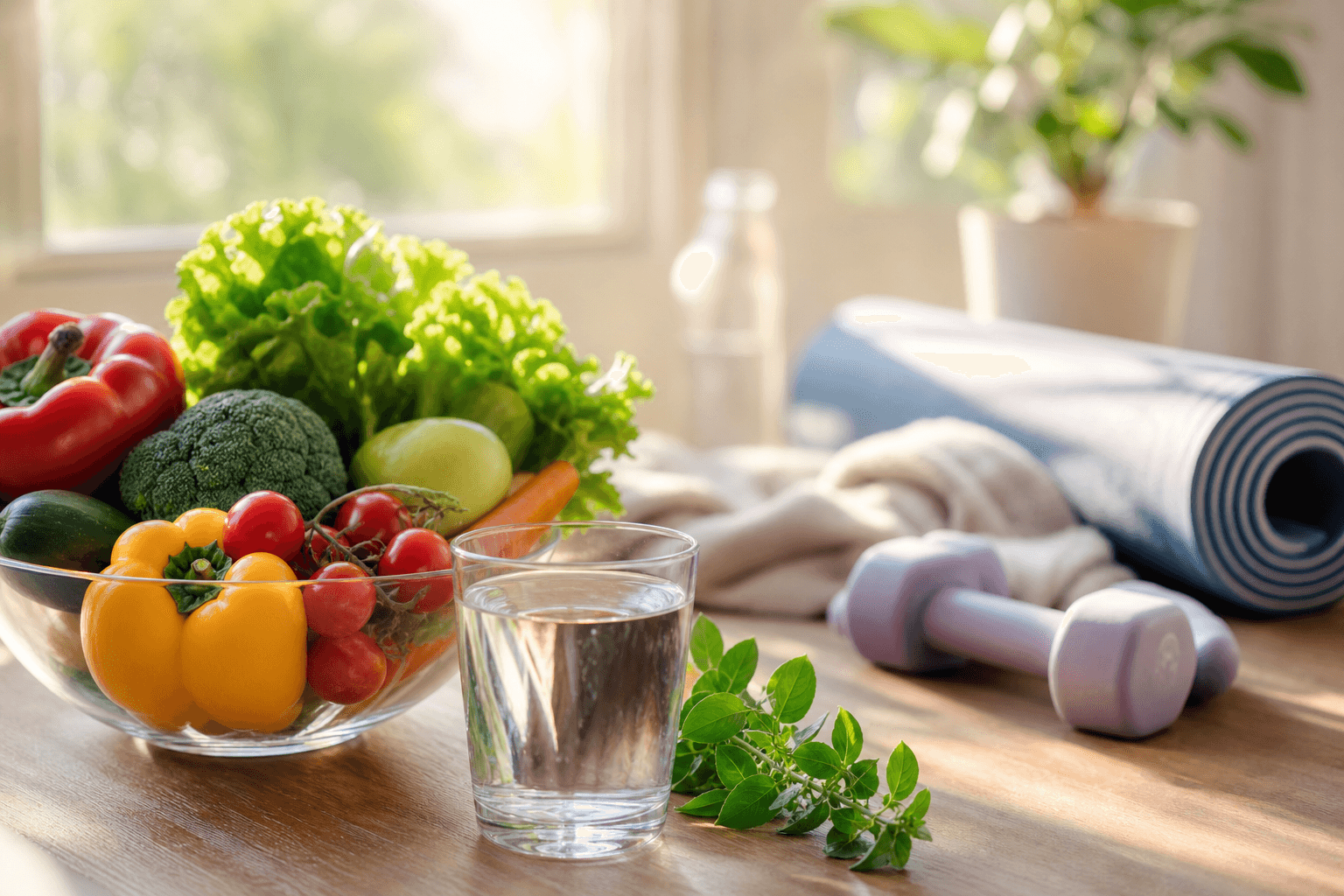Table lumineuse avec légumes frais, eau, herbes et matériel de sport doux, symbolisant l'équilibre hormonal et le bien-être