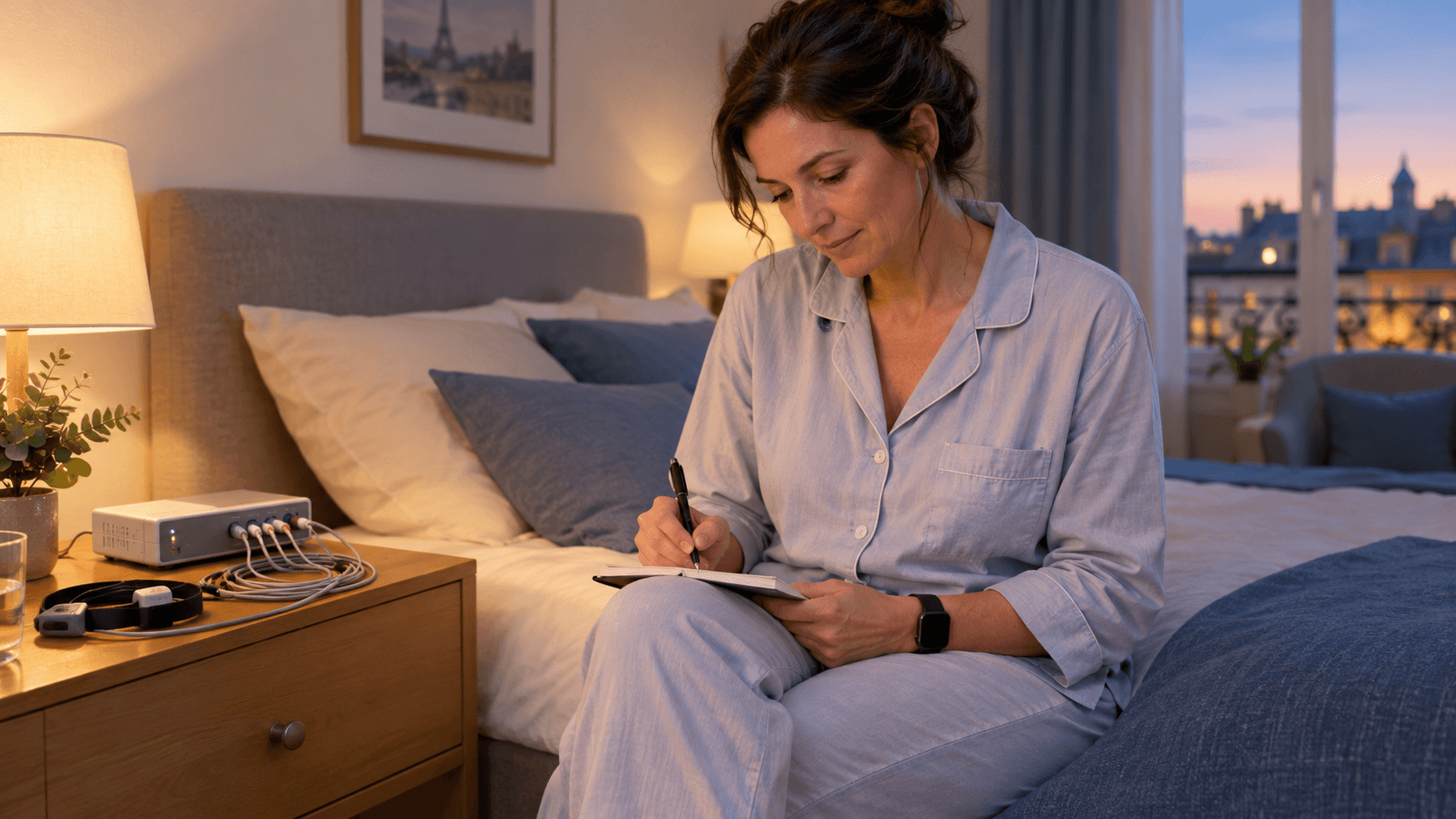 Femme sur son lit remplissant un agenda du sommeil, actimètre au poignet, boîtier de polysomnographie sur la table de nuit