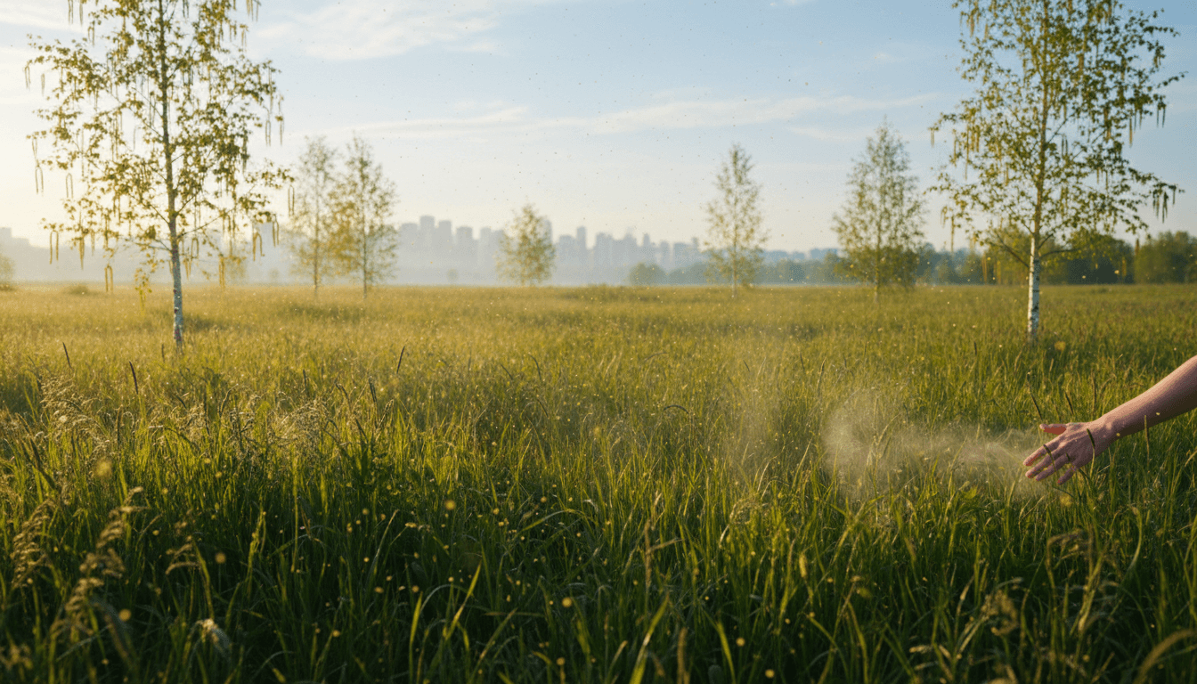 Pollens en suspension dans la lumière dorée du matin au-dessus d'une prairie verte en bordure de ville
