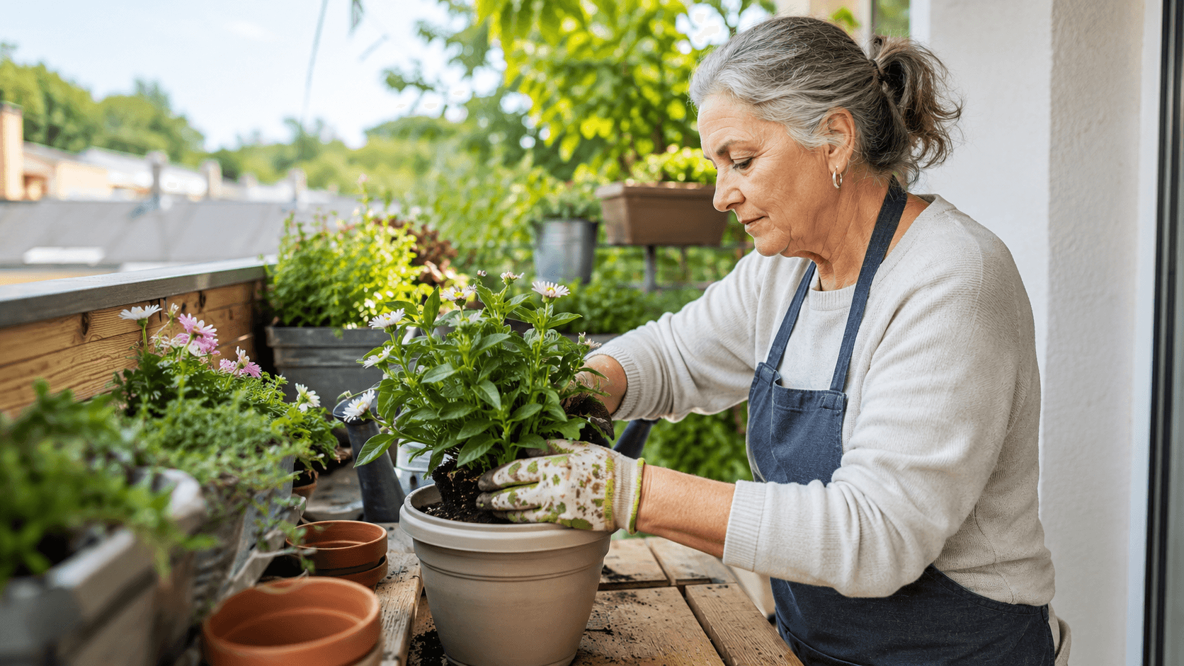 Femme senior active de profil, concentrée en rempotant une plante verte sur un balcon lumineux baigné de lumière naturelle