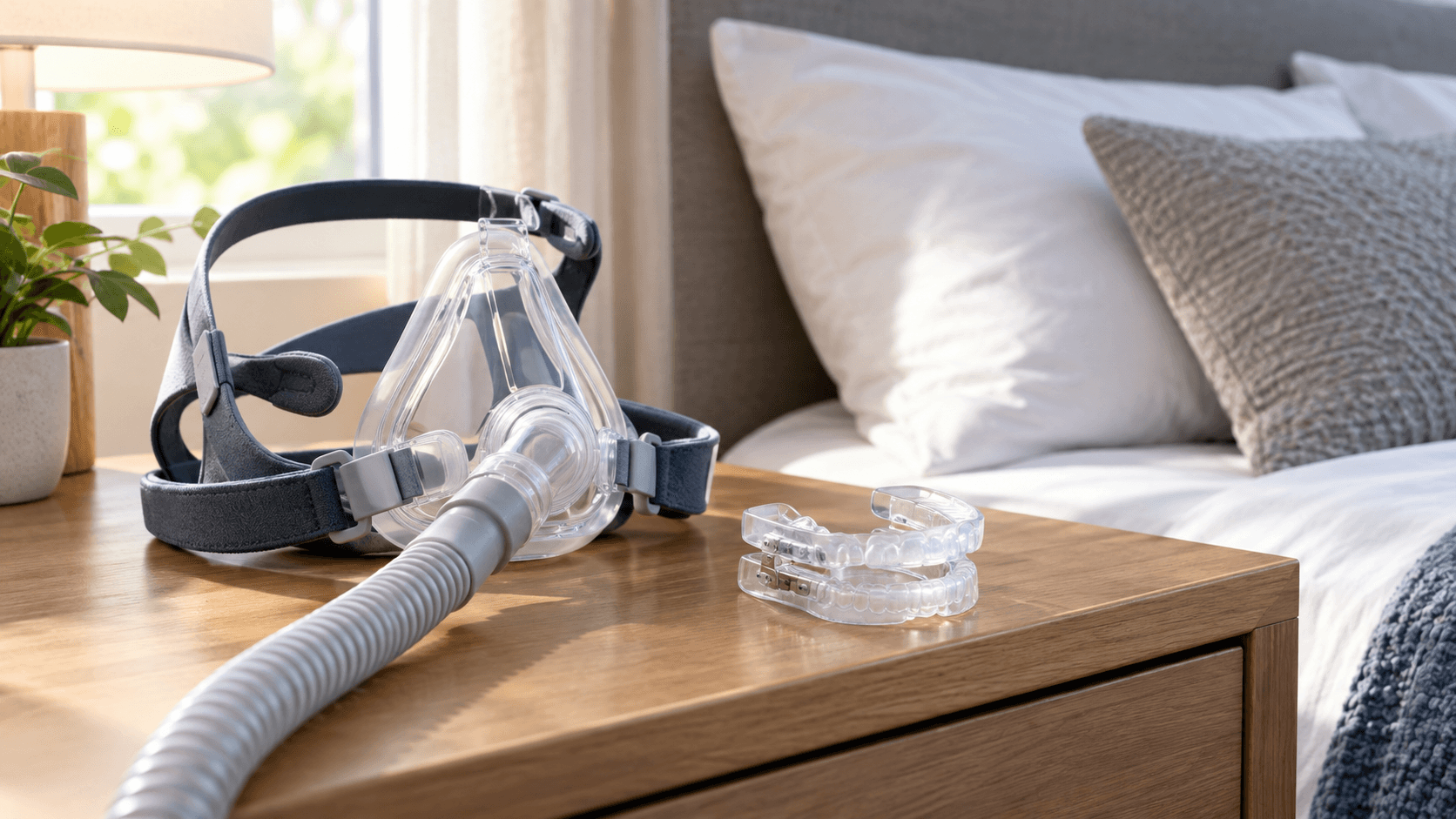 Masque de PPC et orthèse d'avancée mandibulaire posés sur une table de nuit, traitements de l'apnée du sommeil