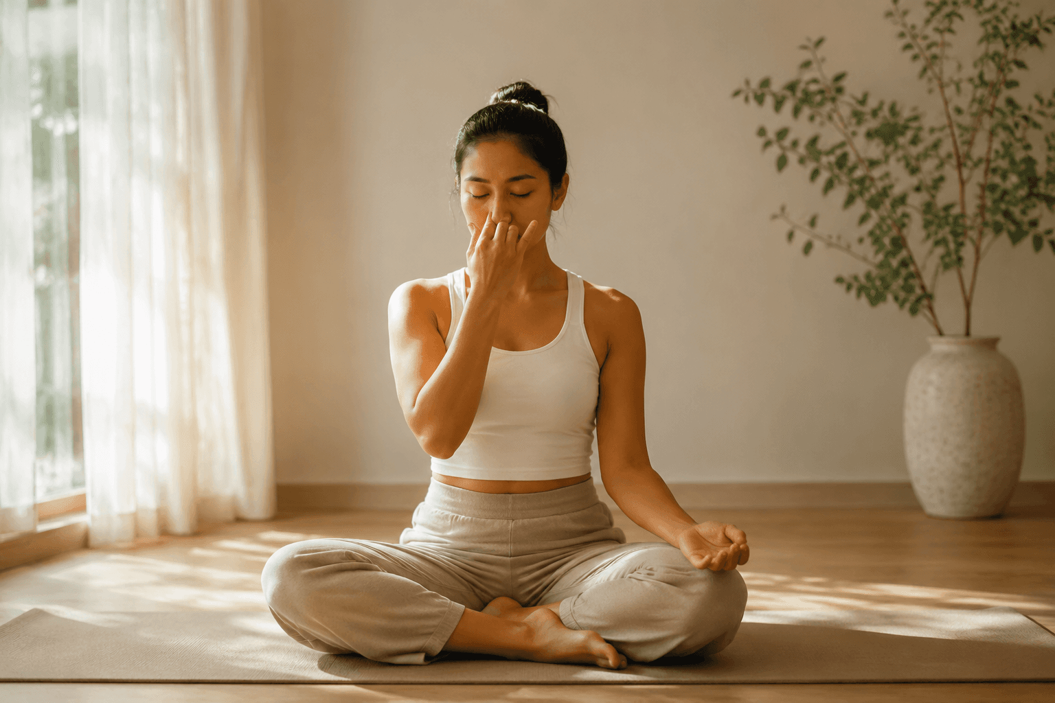 Personne pratiquant le pranayama, la respiration yogique, assise dans une lumière douce