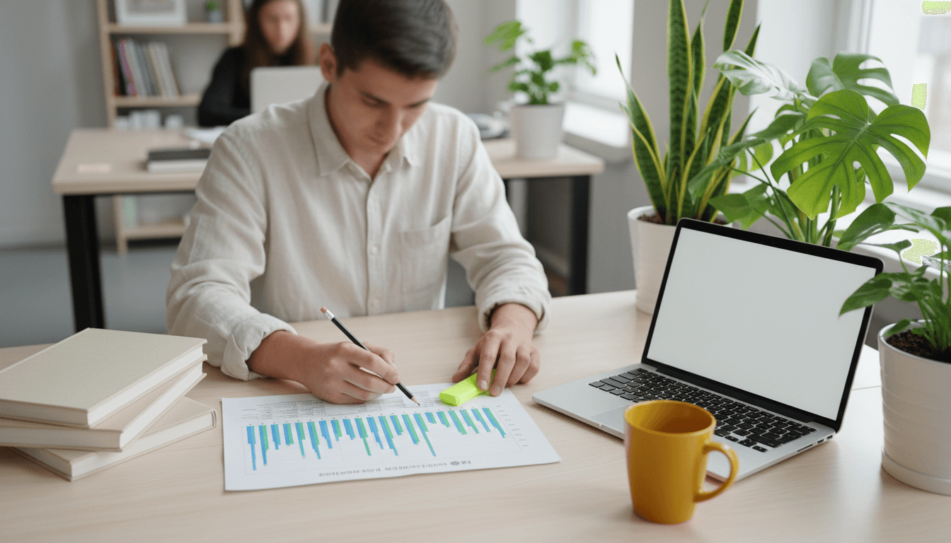 Mains annotant au crayon un graphique imprimé près d'une pile de revues sur un bureau