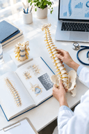 Modèles de colonne vertébrale, revue scientifique et stéthoscope disposés sur un bureau de consultation lumineux