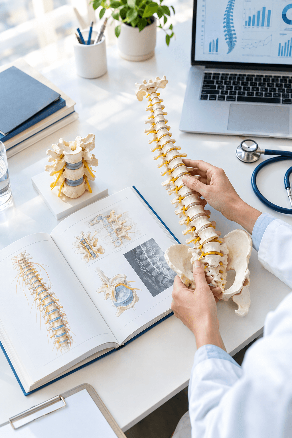 Modèles de colonne vertébrale, revue scientifique et stéthoscope disposés sur un bureau de consultation lumineux