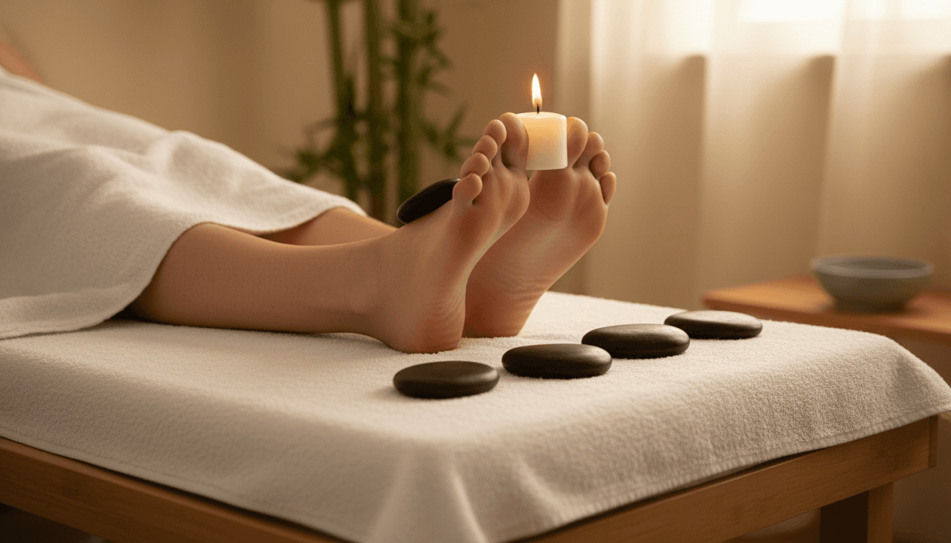 Cadre de réflexologie avec serviette blanche, pierres chaudes lisses et bougie allumée, atmosphère sereine de spa