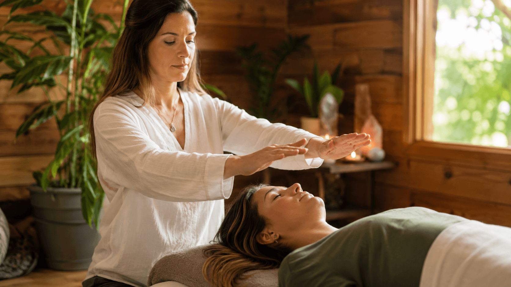 Praticien de Reiki plaçant ses mains au-dessus d'une personne allongée et détendue dans un cabinet de bien-être lumineux