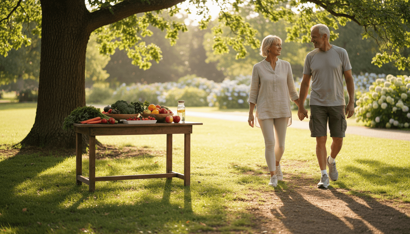 Illustration sereine évoquant la prévention des maladies liées à l'âge : couple de seniors actifs marchant en plein air et alimentation saine