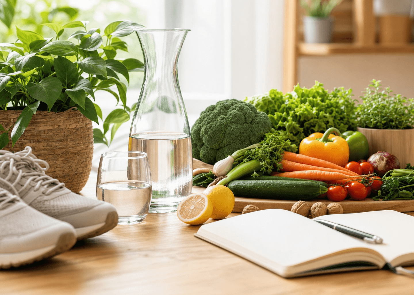 Nature morte lumineuse sur une table en bois : légumes frais, carafe d'eau, chaussures de marche, carnet et plante verte, symbolisant les principes d'hygiène de vie de la naturopathie.