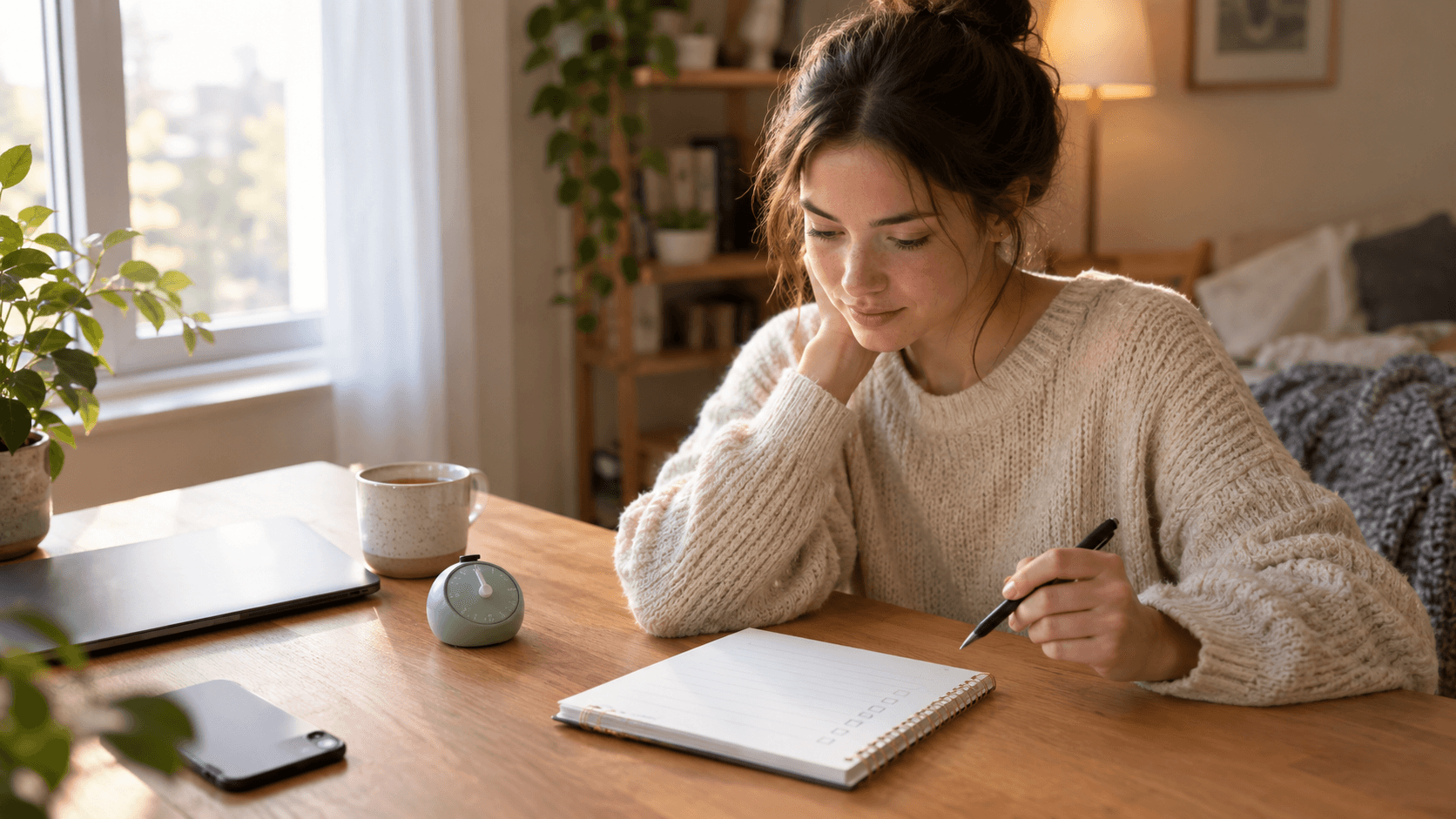 Jeune adulte à son bureau, stylo en main devant une courte liste, téléphone retourné, prêt à commencer une tâche
