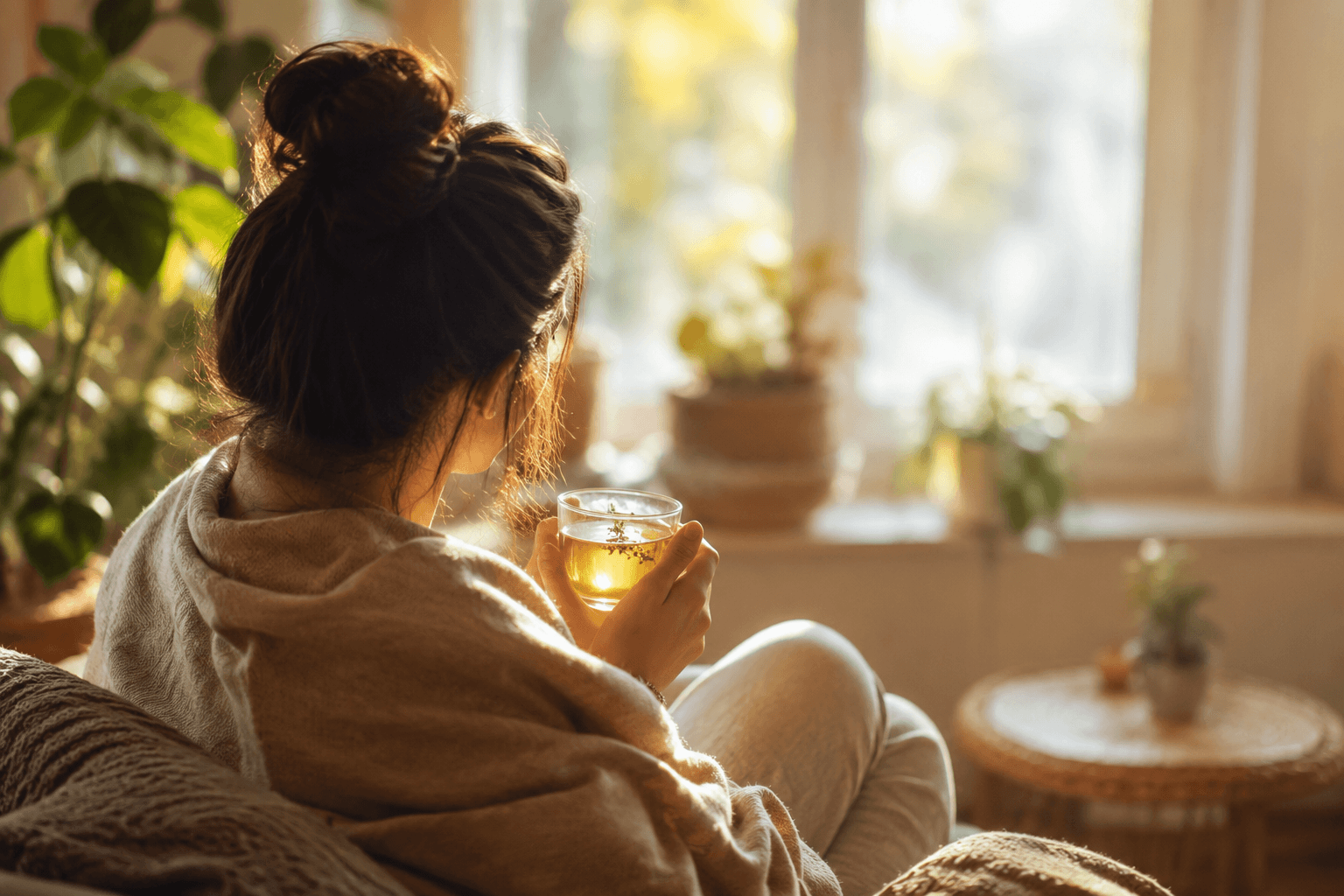 Personne apaisée assise près d'une fenêtre ensoleillée, enveloppée d'une couverture et tenant une tasse chaude, évoquant le lien entre émotions et douleur chronique