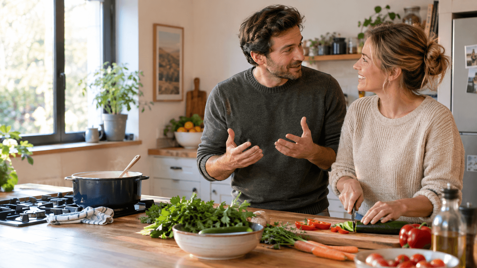 Couple d'adultes préparant le dîner côte à côte dans une cuisine lumineuse, l'un écoutant l'autre avec un sourire attentif