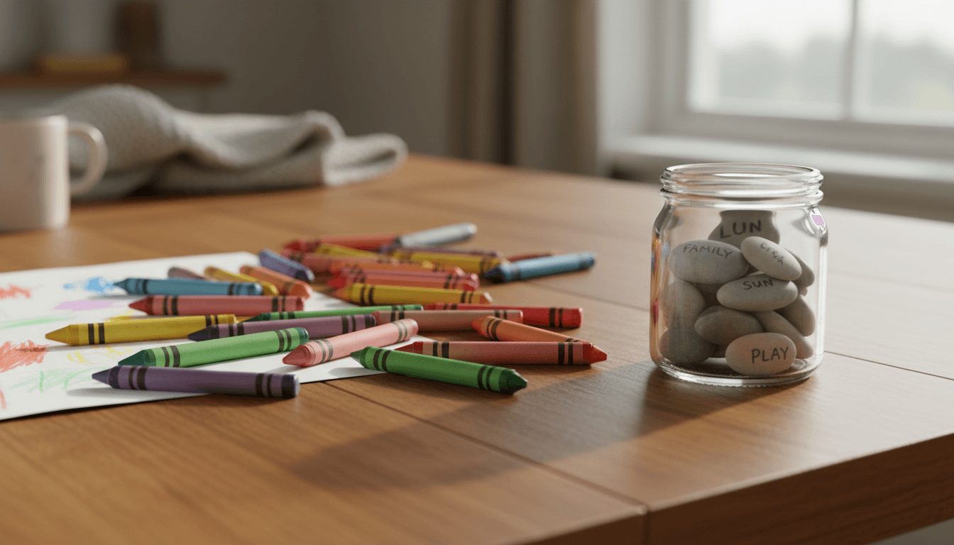 Crayons de couleur et bocal de galets de gratitude sur une table familiale en bois, lumière chaleureuse de maison