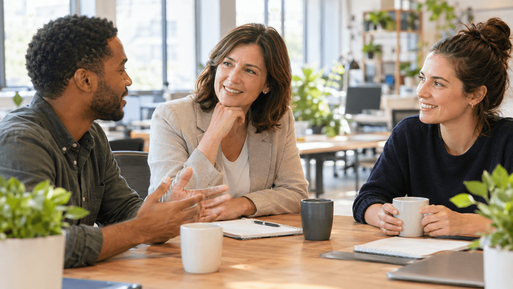 Manager à l’écoute de deux collègues autour d’une table avec cafés et carnets dans un bureau lumineux et végétalisé