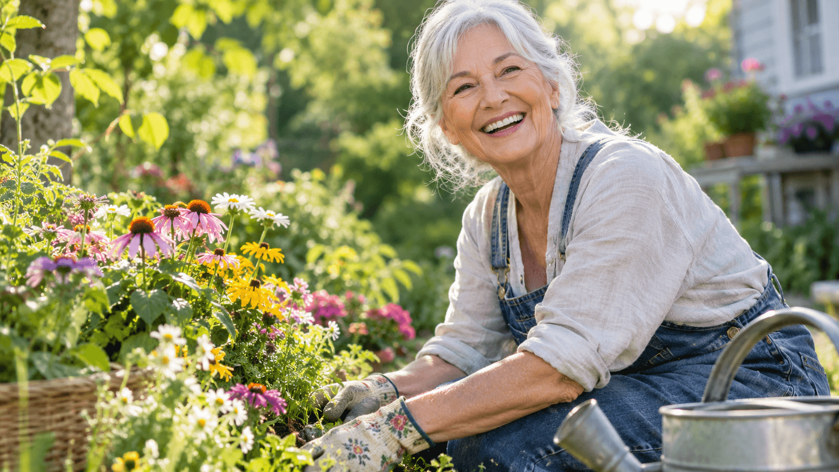 Femme senior souriante jardinant dans un jardin ensoleillé, illustrant le bien vieillir avec la psychologie positive