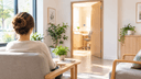 Personne de dos dans une salle d'attente lumineuse et apaisante avant une consultation de santé mentale