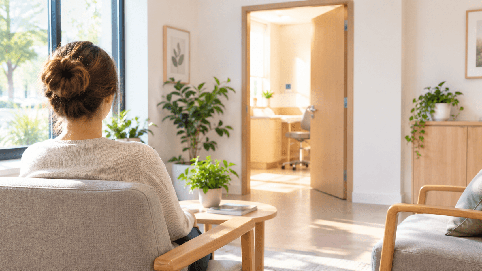 Personne de dos dans une salle d'attente lumineuse et apaisante avant une consultation de santé mentale
