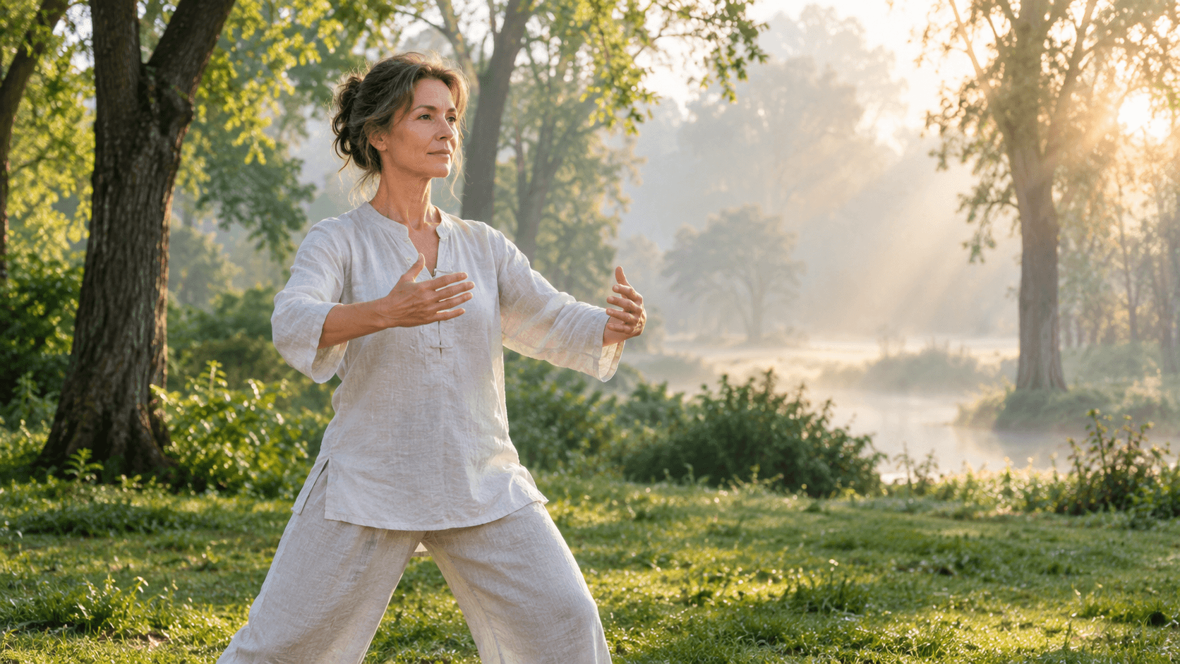 Femme pratiquant le Qi Gong en extérieur dans un parc au lever du jour, posture lente et bras doucement levés