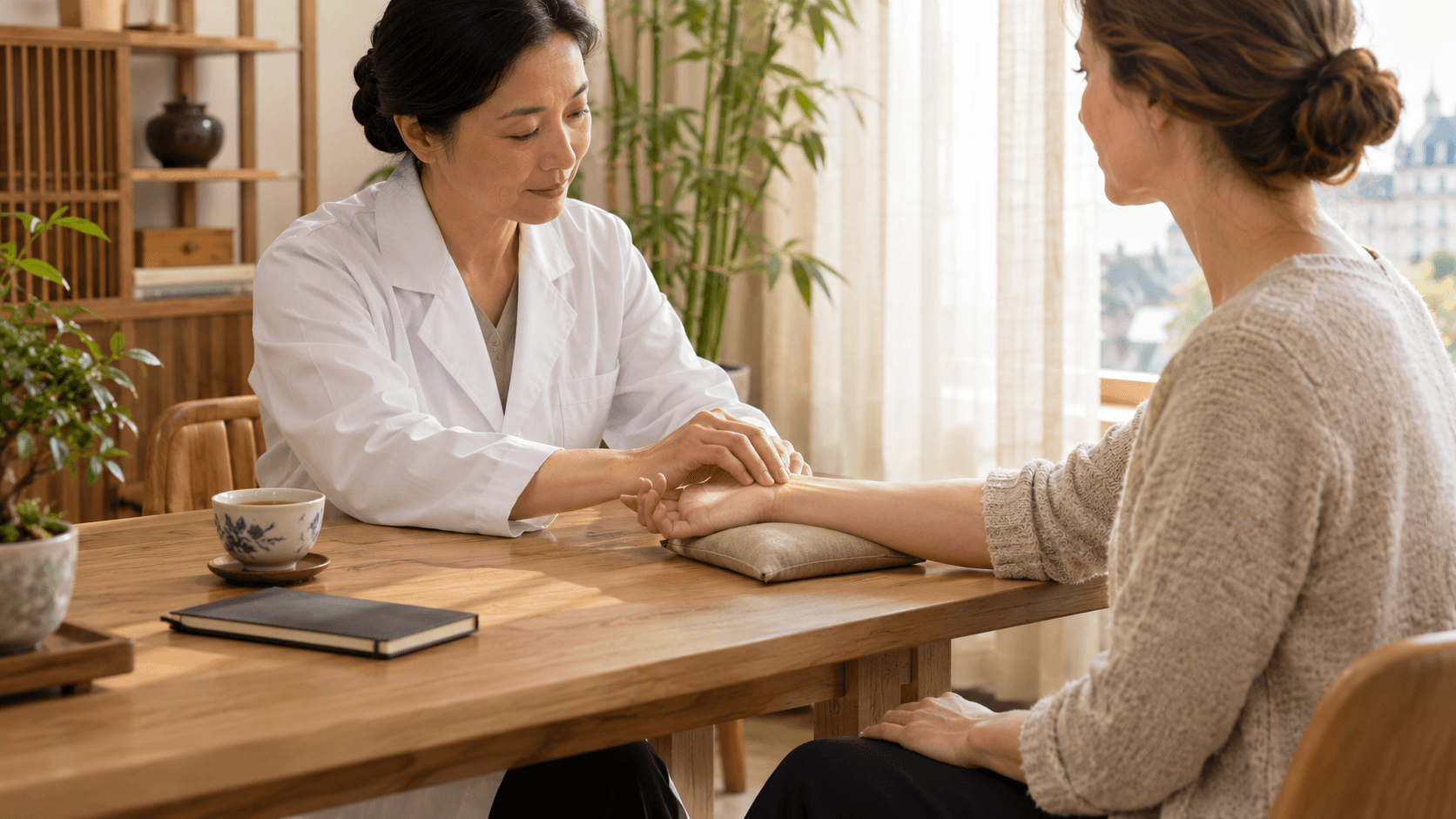 Praticien de médecine chinoise prenant le pouls radial au poignet d’un patient assis dans un cabinet lumineux