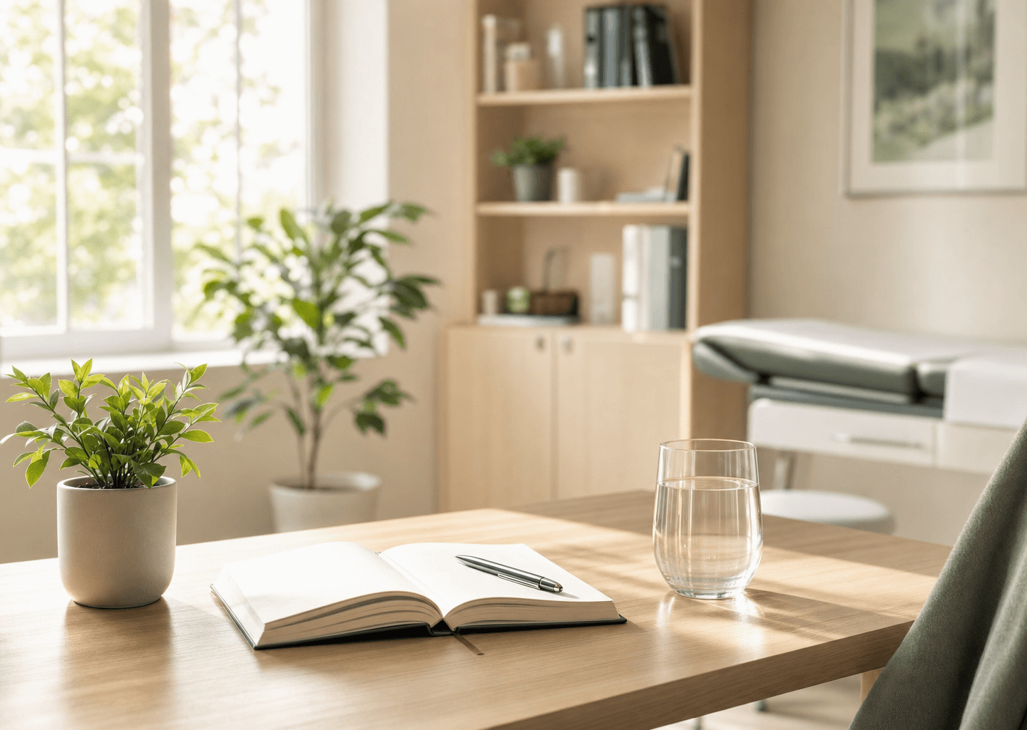 Bureau lumineux et apaisant d'un cabinet de consultation avec carnet, verre d'eau et plante verte