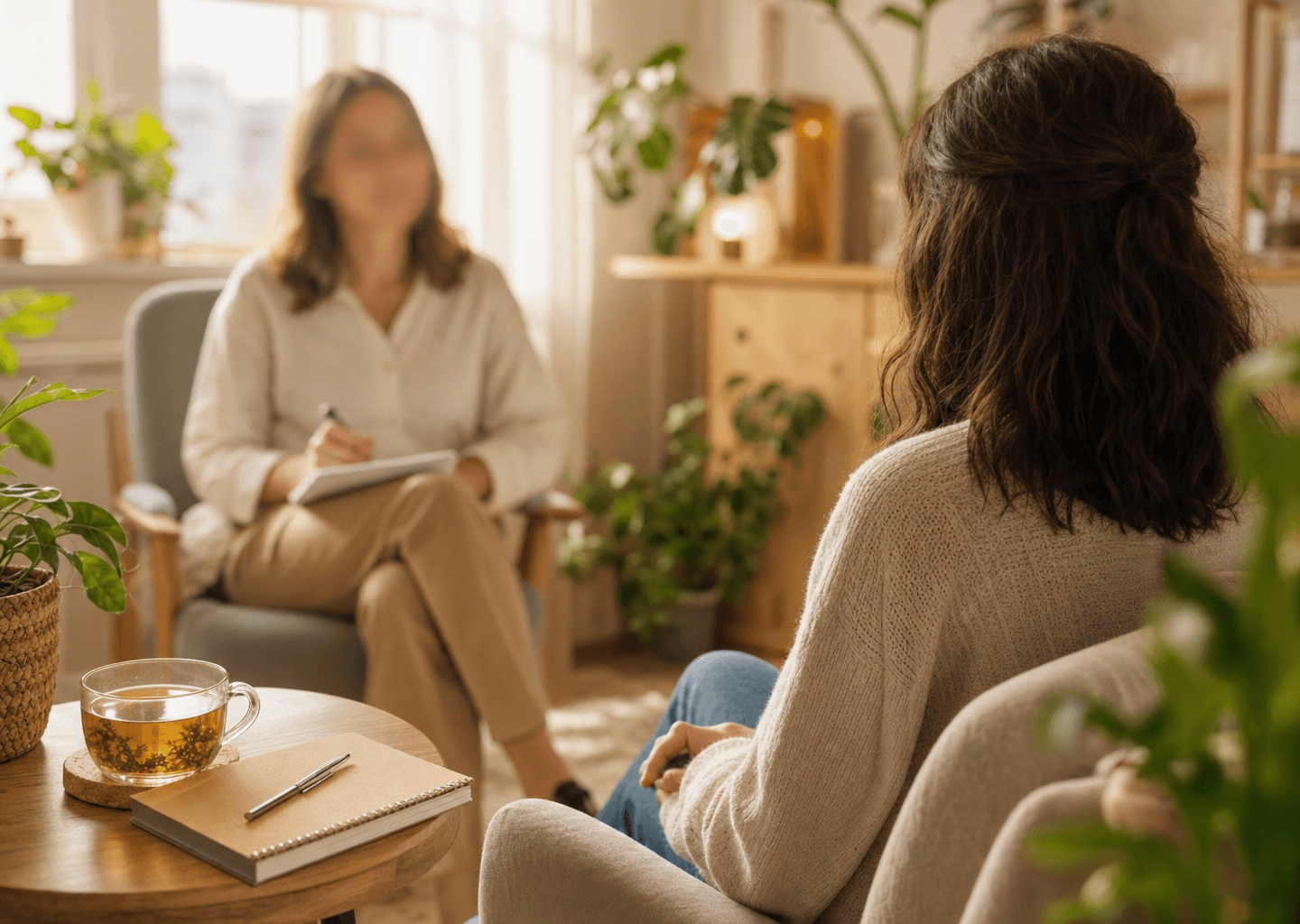 Personne échangeant avec un professionnel dans un cabinet de consultation chaleureux et apaisant, lumière naturelle douce