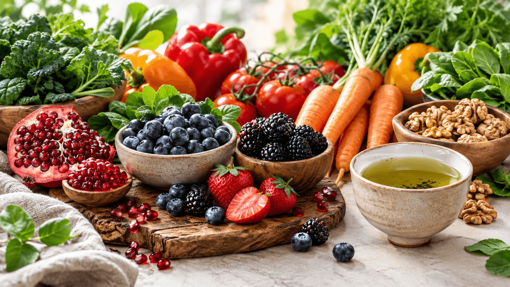 Assortiment coloré d'aliments frais riches en antioxydants : baies, légumes, noix et thé vert sur un fond clair et lumineux