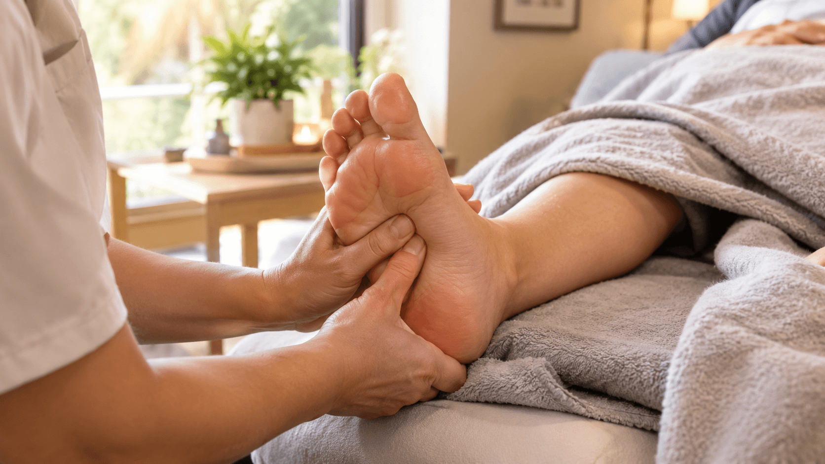 Mains d'un praticien de réflexologie pressant doucement le pied d'un patient allongé, soin de support pendant un cancer