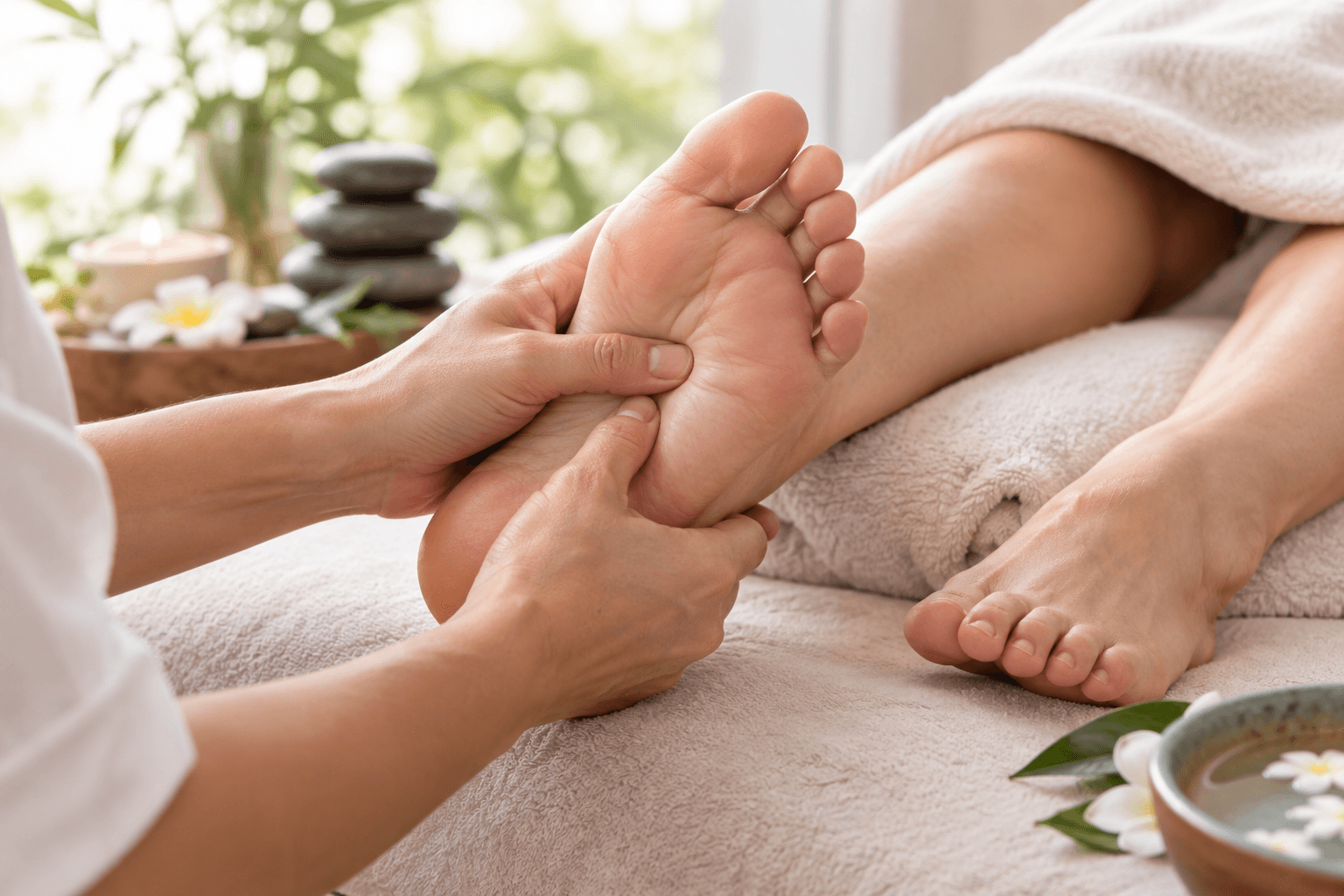 Mains massant délicatement un pied lors d'une séance de réflexologie plantaire, ambiance de détente