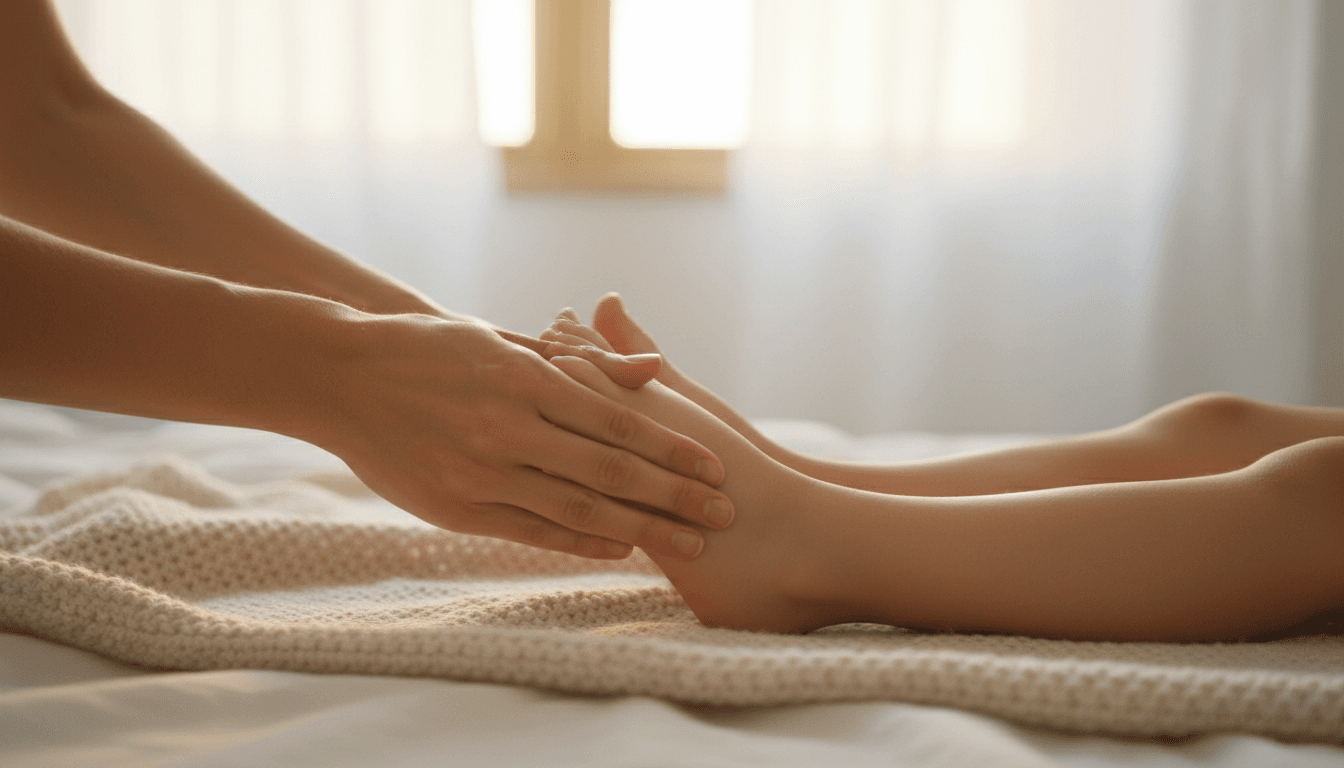 Mains douces effleurant le pied d'un jeune enfant sur une couverture, ambiance sereine et rassurante