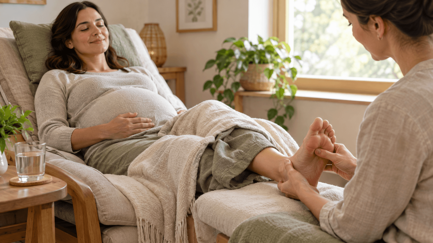 Femme enceinte habillée, semi-allongée sur des coussins, pendant qu’une réflexologue presse doucement la plante de son pied