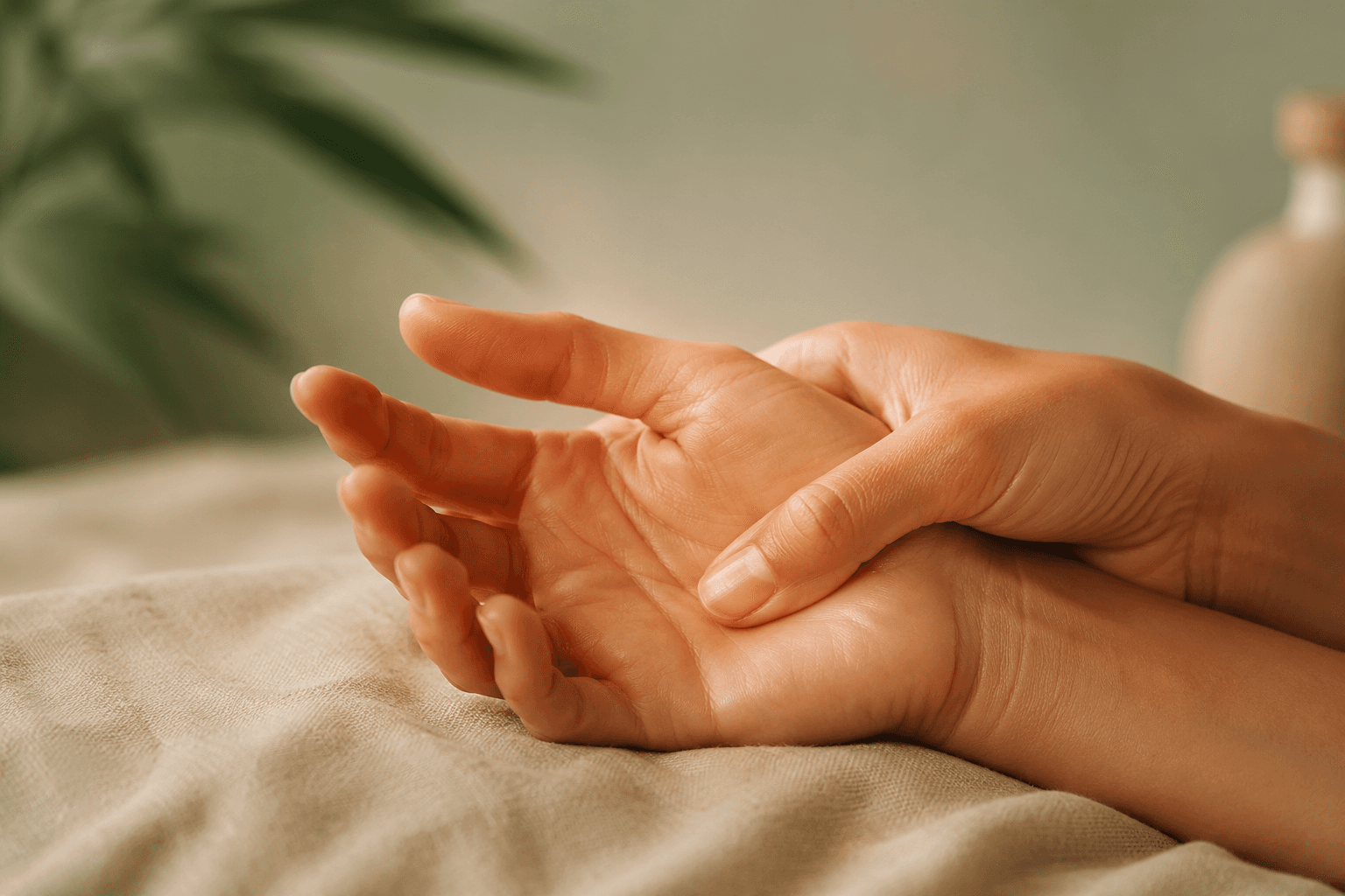 Massage doux de la paume de la main en réflexologie palmaire, geste de détente et de bien-être