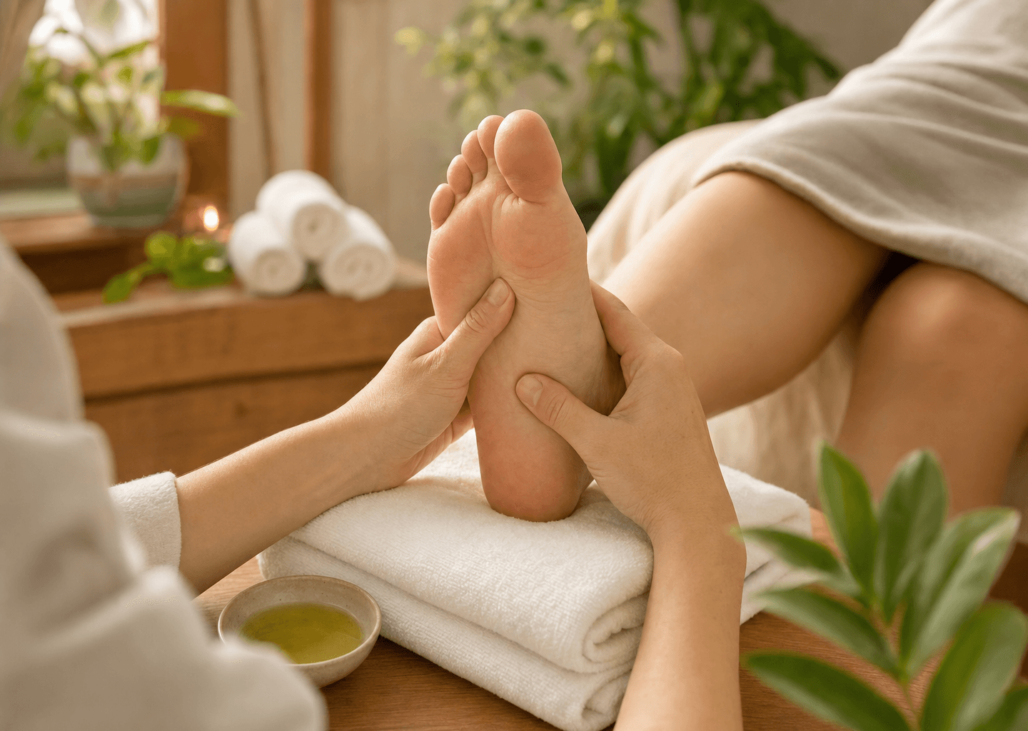 Séance de réflexologie plantaire apaisante : mains du praticien exerçant une pression sur le pied posé sur une serviette