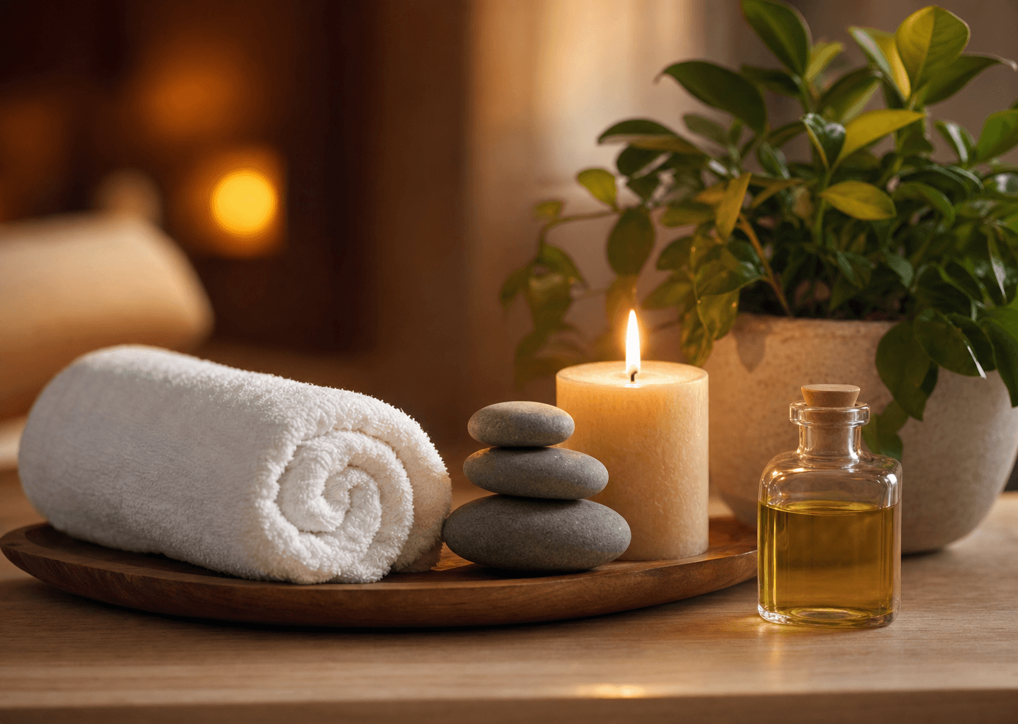 Ambiance spa apaisante du soir : serviette roulée, galets de massage, bougie, huile et plante verte sur un plan clair en lumière tamisée