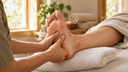 Séance de réflexologie plantaire : les mains d'un praticien exercent une pression douce sur le pied d'une personne détendue