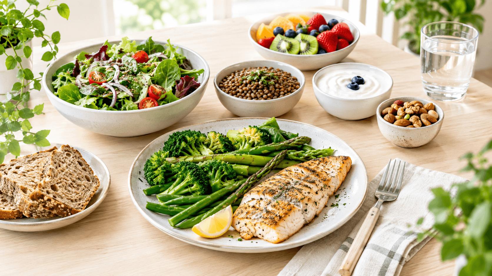 Assiette du régime DASH : poisson grillé, légumes verts, salade, pain complet, lentilles et fruits sur une table en bois
