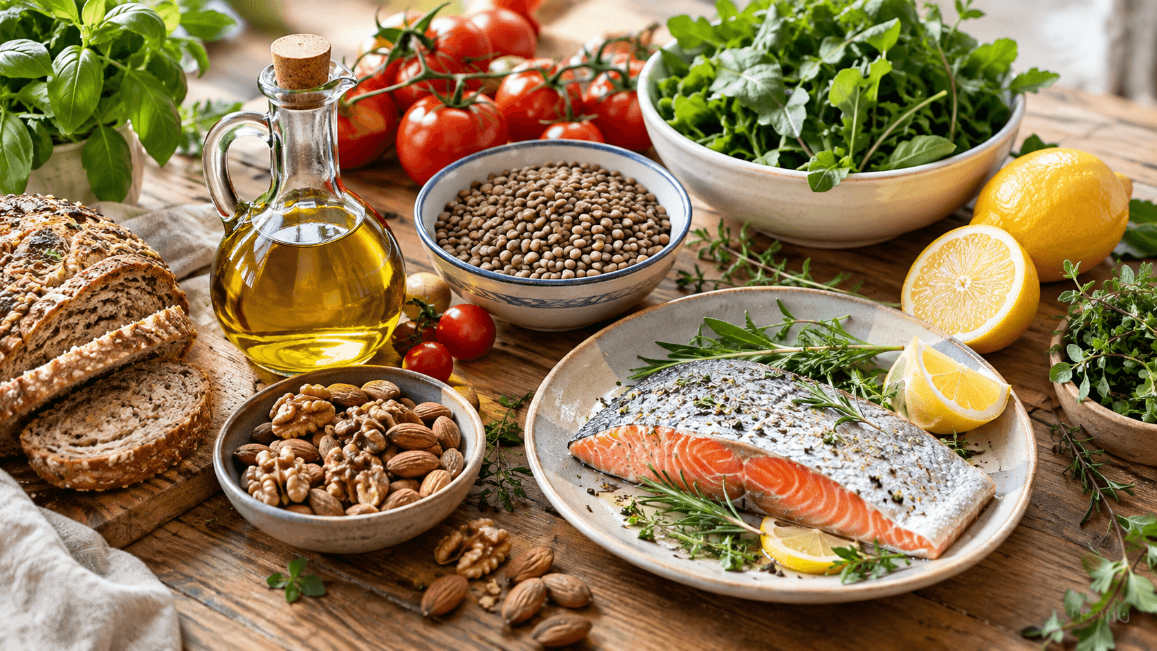 Aliments du régime méditerranéen sur une table en bois : huile d'olive, légumes, poisson frais, noix et légumineuses