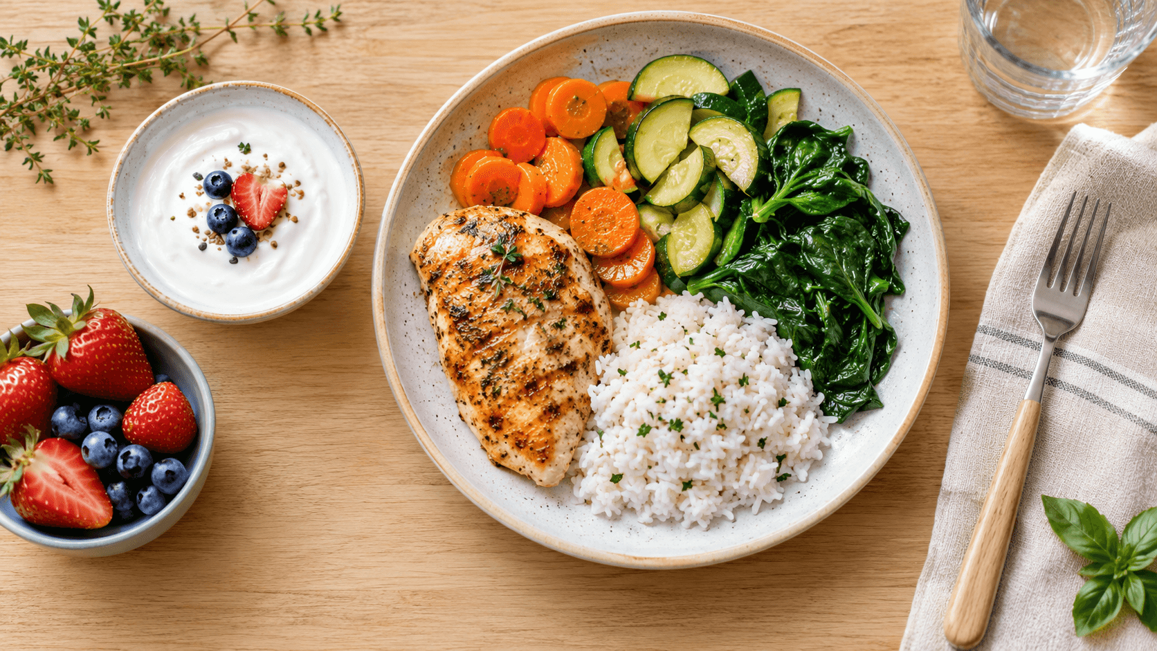 Assiette équilibrée pauvre en FODMAPs avec poulet grillé, riz, carottes, courgettes et fruits rouges pour le côlon irritable