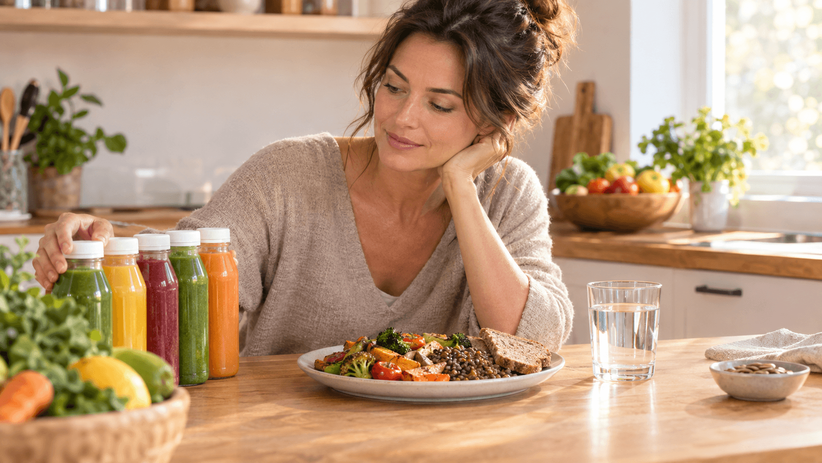 Femme dans une cuisine lumineuse écartant des bouteilles de jus détox au profit d’une assiette de légumes et de lentilles