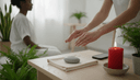 Vue plongeante sur des mains suspendues au-dessus d'un tissu plié, un téléphone posé à côté