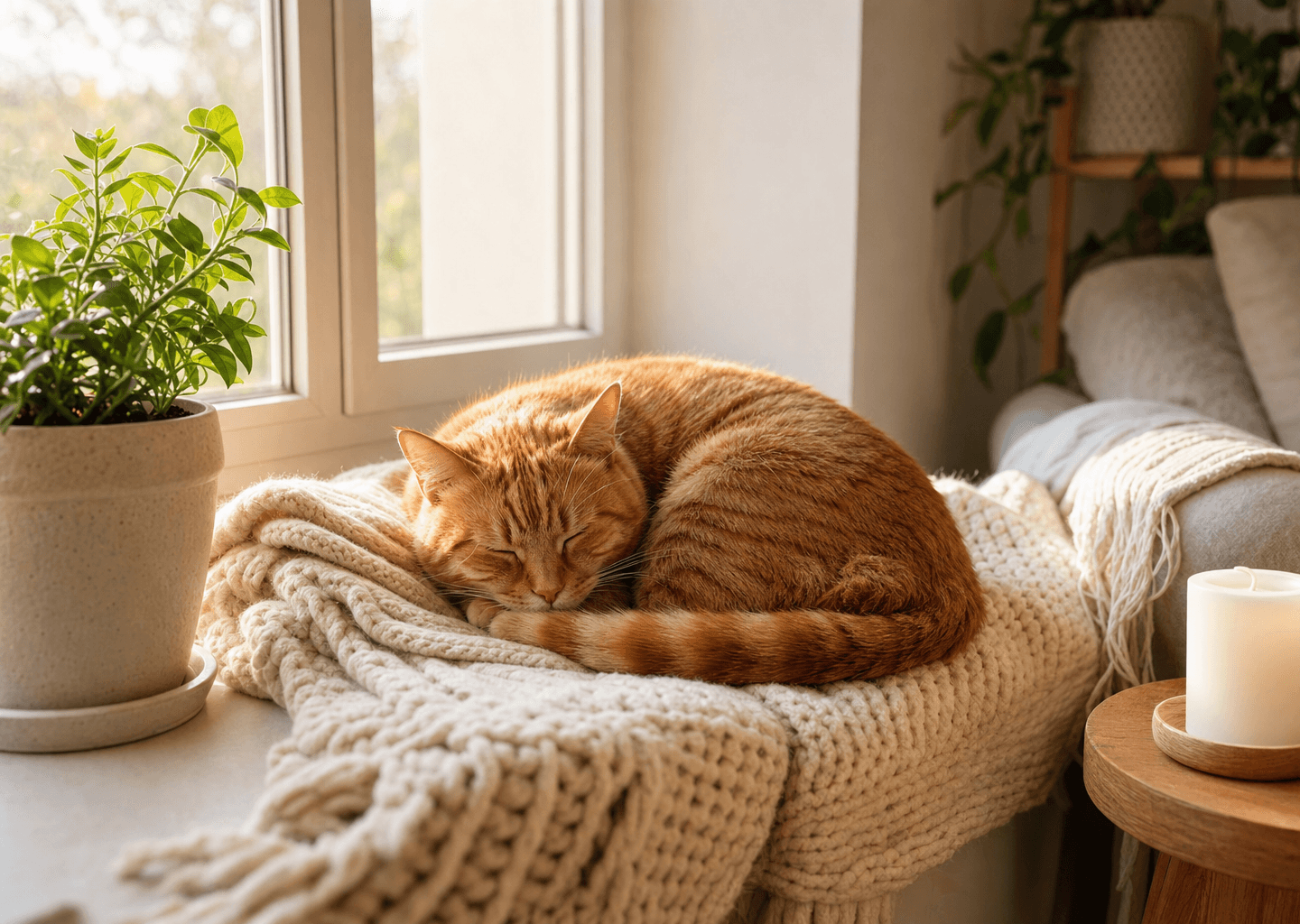 Chat roux endormi paisiblement sur un plaid moelleux près d'une fenêtre lumineuse, ambiance douce et sereine