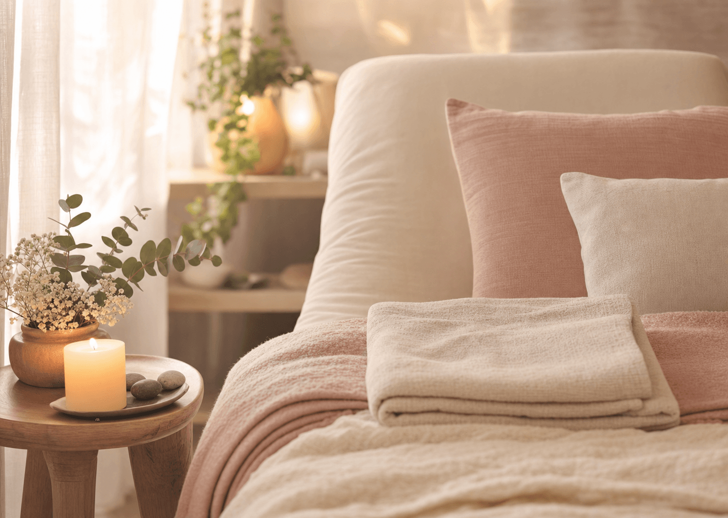 Coin détente cocooning aux tons doux et lumière tamisée, bougie, eucalyptus et coussins moelleux, évoquant un moment de relaxation apaisant pendant la grossesse