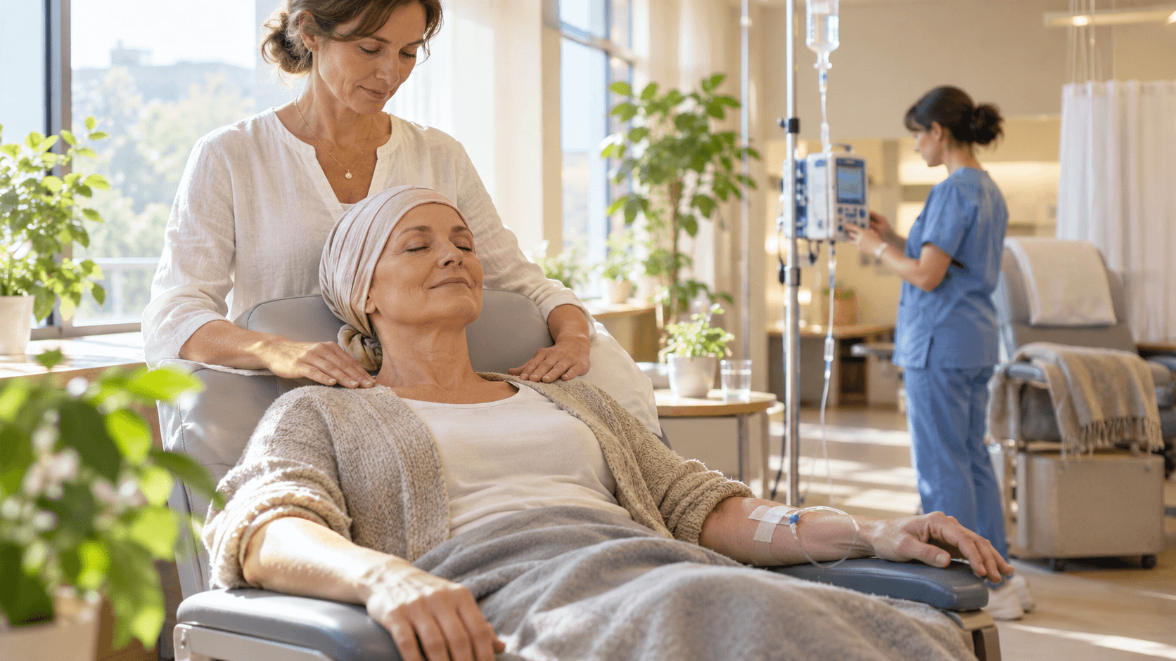 Patiente en fauteuil de perfusion, yeux fermés, recevant une séance de Reiki près d’une infirmière dans un hôpital de jour