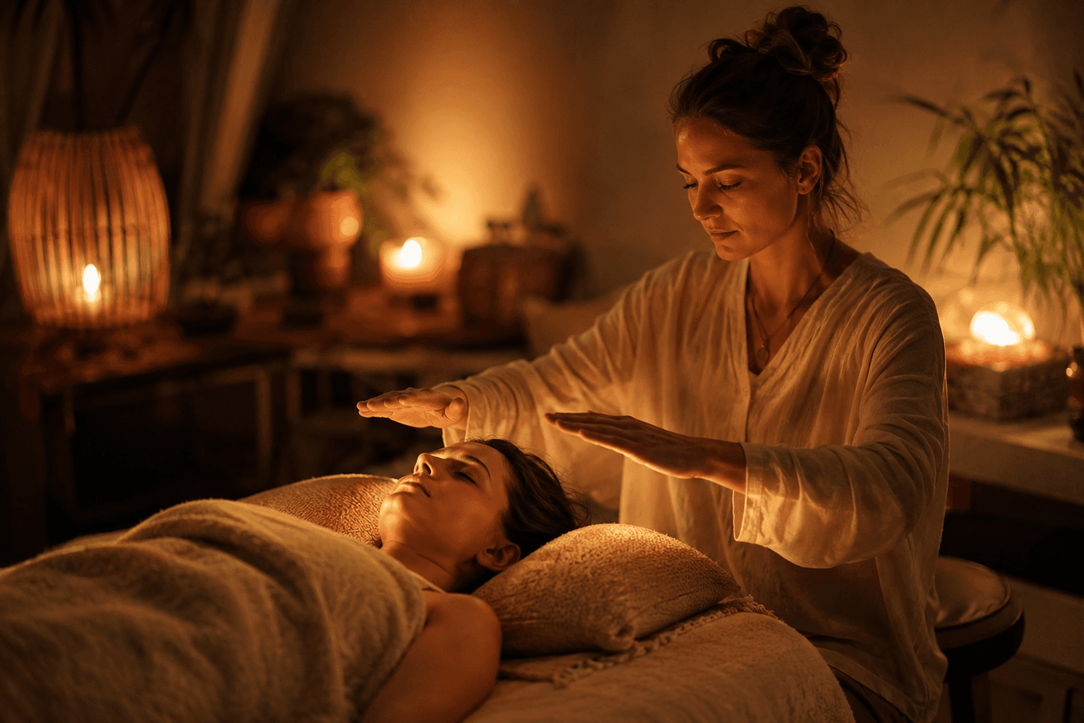 Séance de Reiki apaisante au coucher, mains en soin doux dans une ambiance nocturne chaleureuse