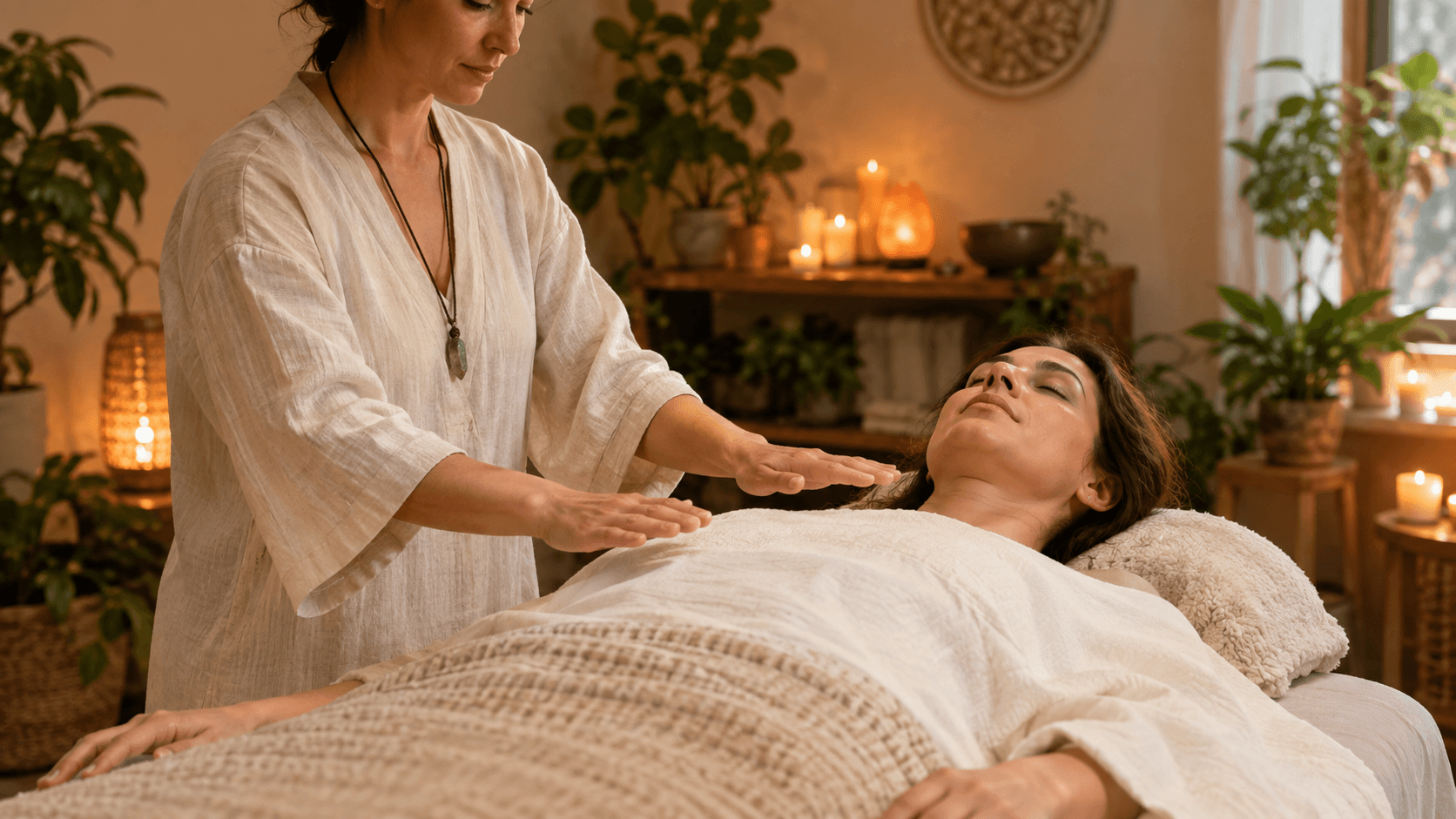 Séance de Reiki anti-stress : un praticien pose les mains au-dessus d'une personne allongée et détendue sur une table